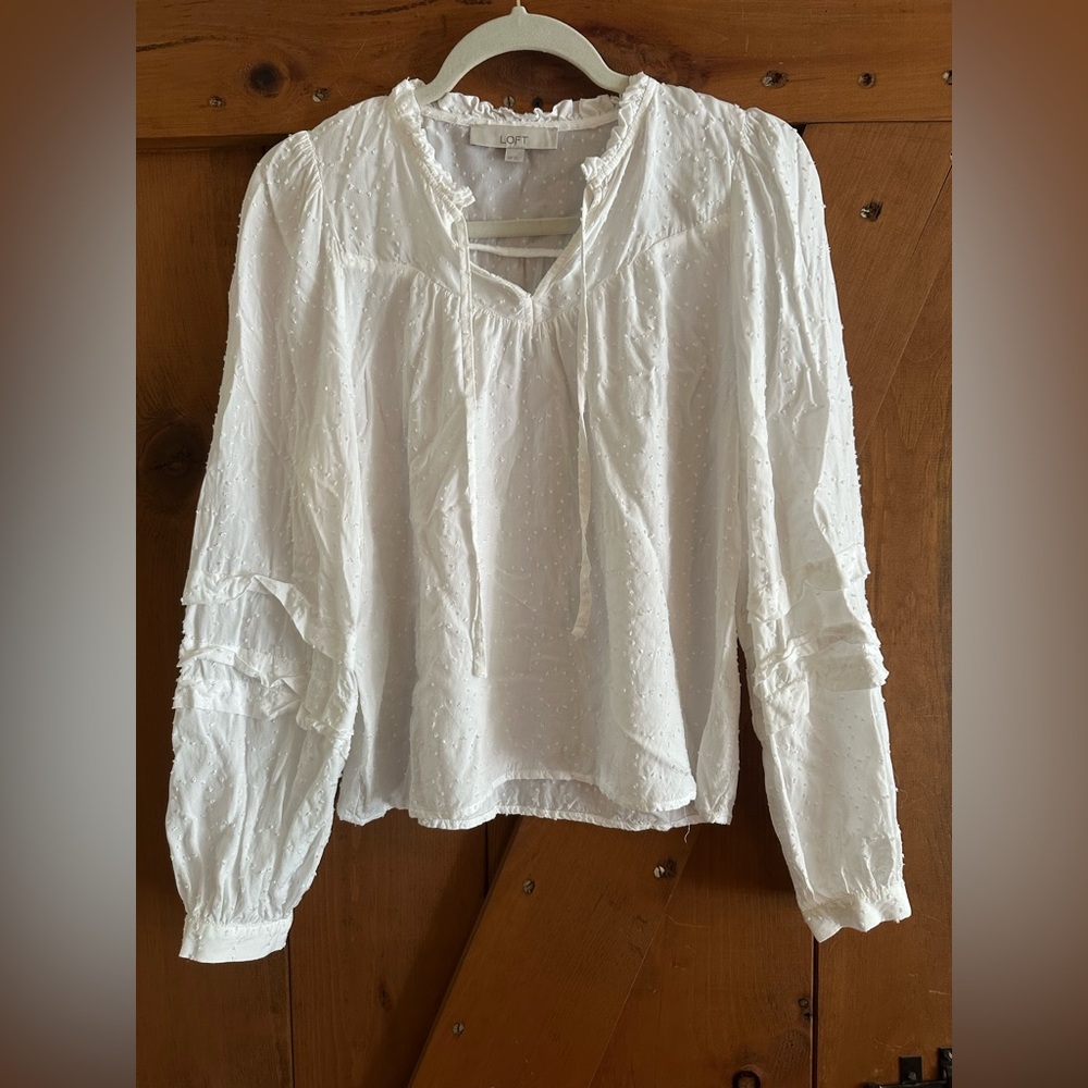 LOFT Women's White Ruffle Peasant Blouse Sz XS - Picture 5 of 8